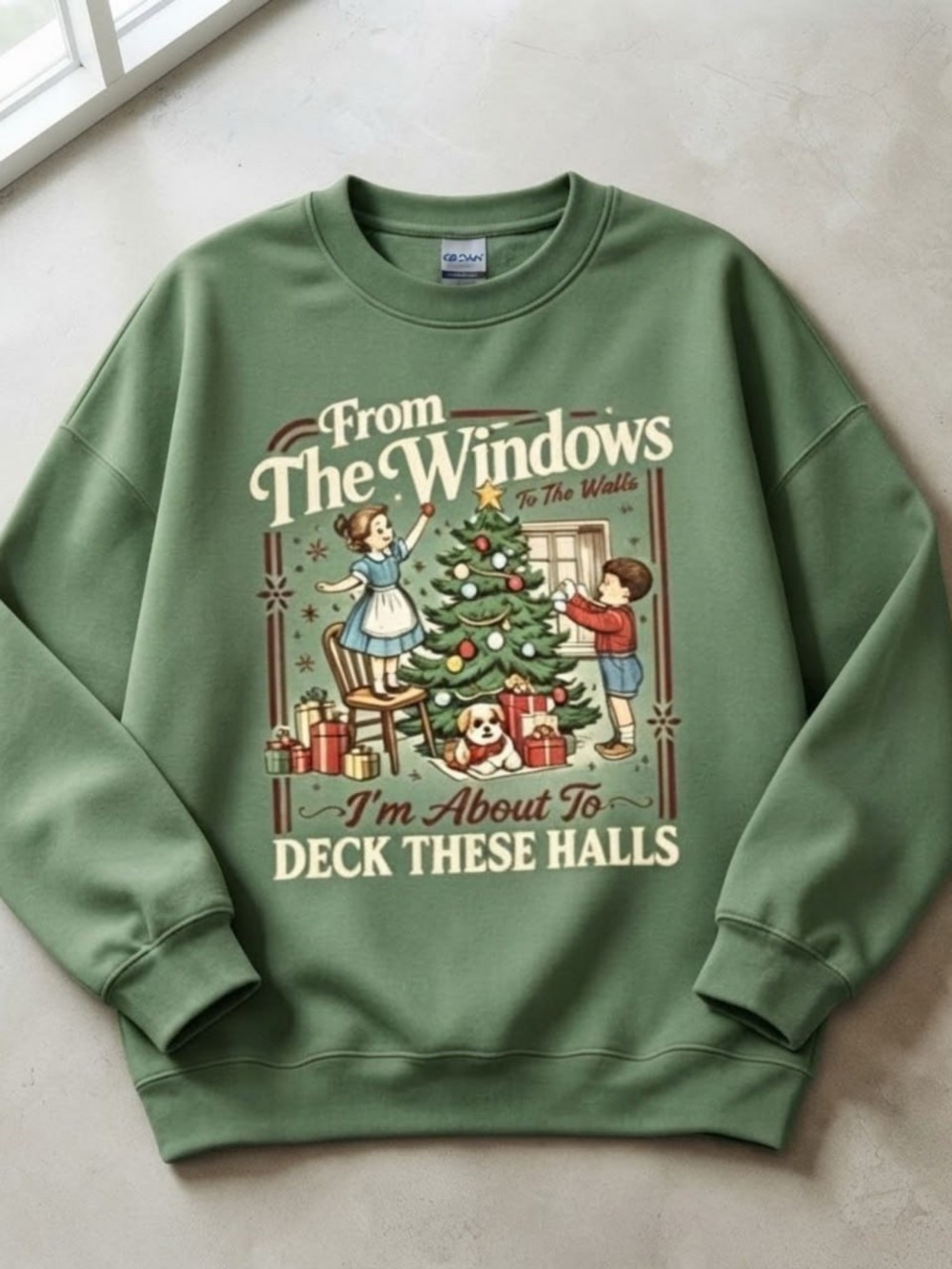 Green "Deck These Halls" retro Christmas Sweatshirt